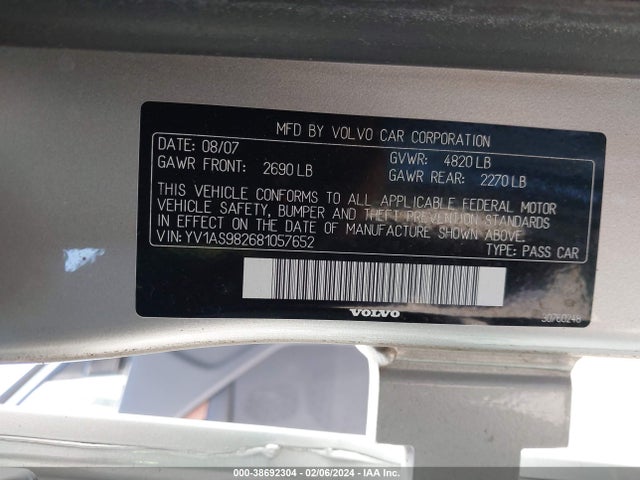 2008 VOLVO S80 3.2 VIN: YV1AS982681057652