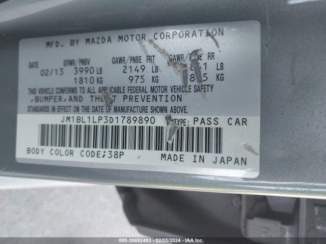 2013 Mazda Mazda3 I Touring მანქანა იყიდება აუქციონზე, vin: JM1BL1LP3D1789890, აუქციონის ნომერი: 38692493