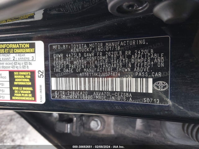 4T1B11HK2JU571674 Toyota CAMRY SE