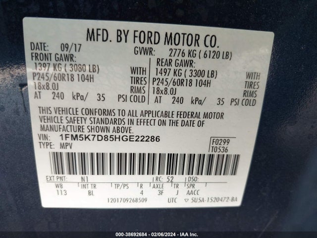 Ford EXPLORER XLT 2017 1FM5K7D85HGE22286 Image 9