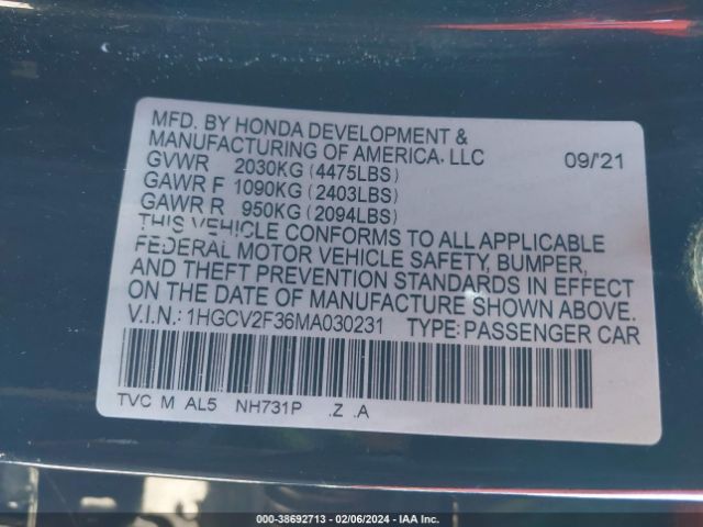 1HGCV2F36MA030231 Honda Accord Sport 2.0t