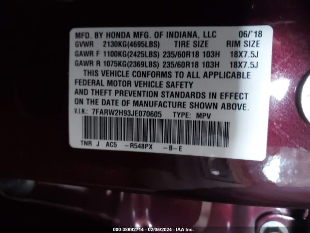 Honda Cr-v Touring 2018 7FARW2H93JE070605 Image 9