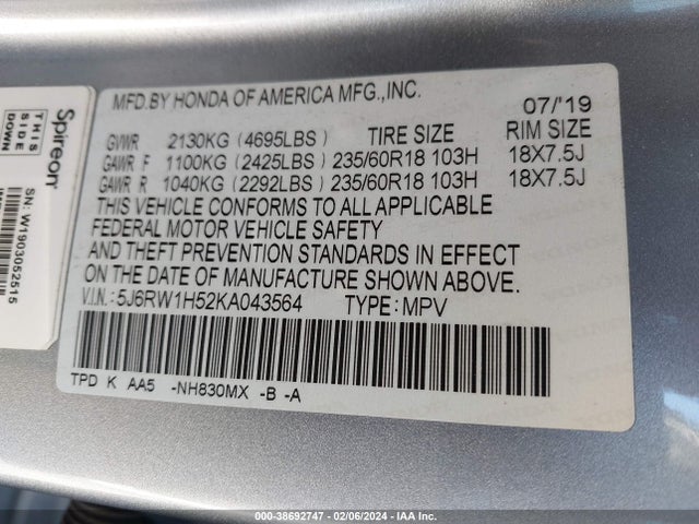 Honda CR-V EX 2019 5J6RW1H52KA043564 Image 9