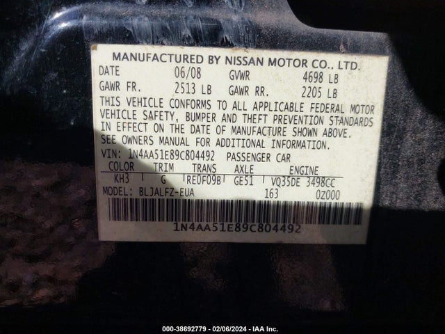 2009 NISSAN MAXIMA 3.5 SV VIN: 1N4AA51E89C804492