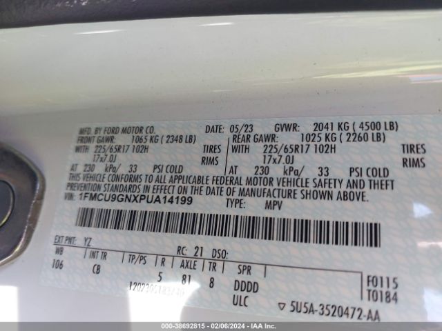 1FMCU9GNXPUA14199 Ford Escape Active