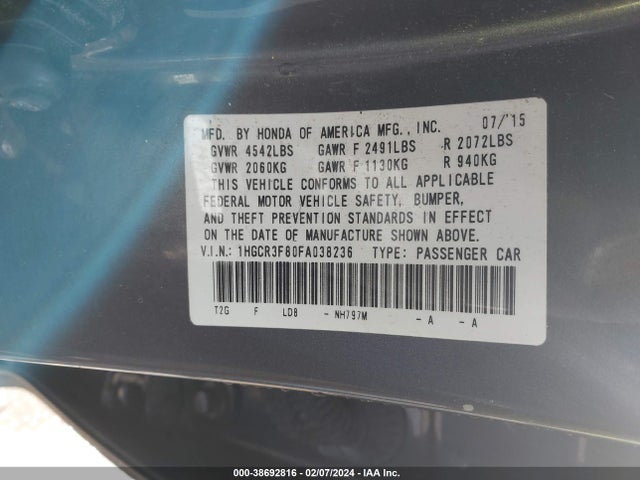 Honda Accord Ex-l V-6 2015 1HGCR3F80FA038236 Image 9