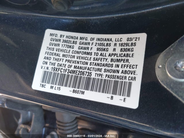 Honda CIVIC EX 2021 19XFC1F34ME206735 Image 9