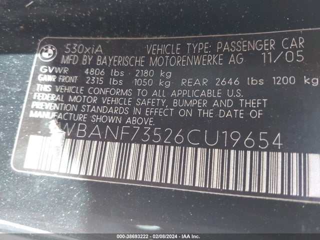 2006 BMW 530XI VIN: WBANF73526CU19654