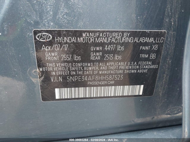 Hyundai Sonata Limited 2017 5NPE34AF8HH587523 Image 9