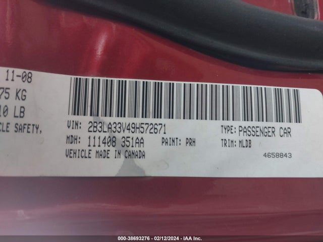 38693276 :رقم المزاد ، 2B3LA33V49H572671 vin ، 2009 Dodge Charger Sxt مزاد بيع