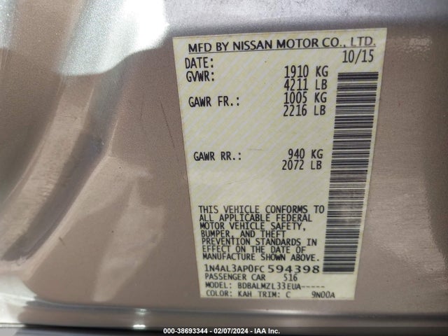 Nissan Altima 2.5 Sv 2015 1N4AL3AP0FC594398 Image 9