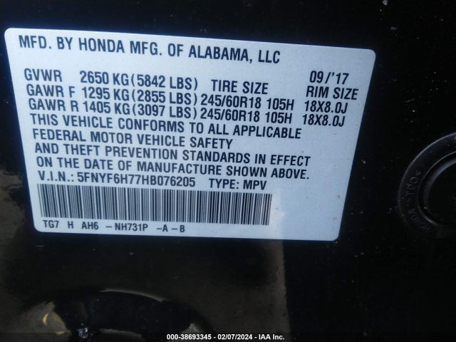 Honda Pilot Ex-l 2017 5FNYF6H77HB076205 Image 9