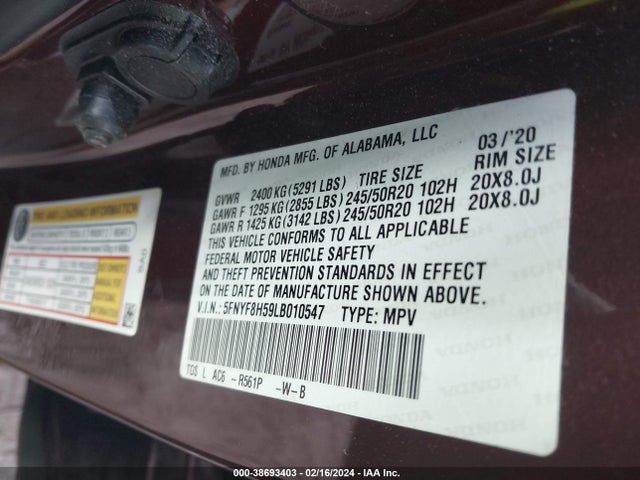 Honda Passport Awd Ex-l 2020 5FNYF8H59LB010547 Image 9