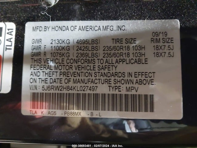 Honda Cr-v Ex-l 2019 5J6RW2H84KL027497 Image 9
