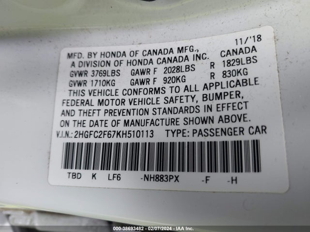 Honda Civic Lx 2019 2HGFC2F67KH510113 Image 9