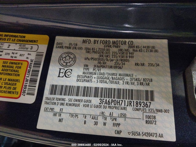 Продаж на аукціоні авто 2018 Ford Fusion Se, vin: 3FA6P0H71JR189367, номер лоту: 38693488