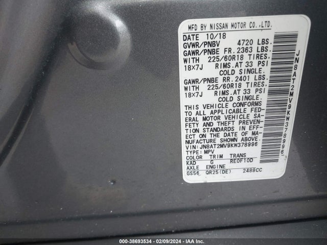 Nissan ROGUE SV 2019 JN8AT2MV9KW378996 Image 9