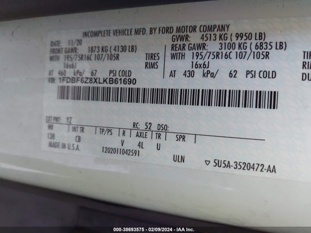 Ford Transit-350 Cab 2020 1FDBF6Z8XLKB61690 Image 9