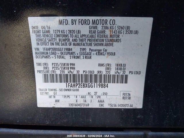 Ford TAURUS SEL 2016 1FAHP2E8XGG119884 Image 9