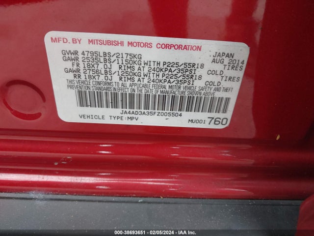 2015 MITSUBISHI OUTLANDER SE VIN: JA4AD3A35FZ005504