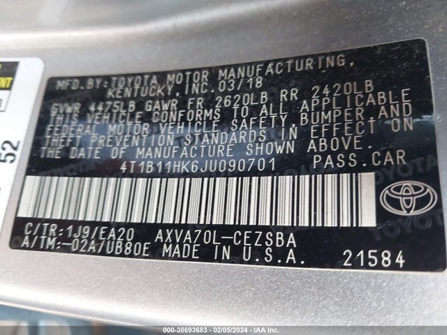 Toyota CAMRY SE 2018 4T1B11HK6JU090701 Image 9