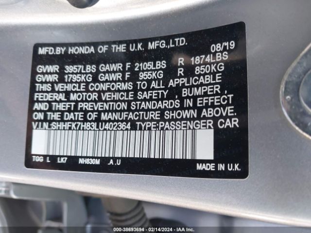 SHHFK7H83LU402364 Honda Civic Ex-l