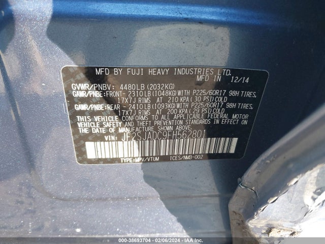 2015 SUBARU FORESTER 2.5I PREMIUM VIN: JF2SJADC9FH562801