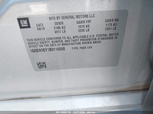 2011 CADILLAC CTS STANDARD VIN: 1G6DA5EY1B0116680