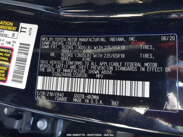 2020 TOYOTA HIGHLANDER XLE VIN: 5TDGZRAH8LS508506