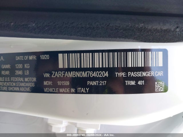 ZARFAMBN0M7640204 Alfa Romeo Giulia Ti Sport Rwd