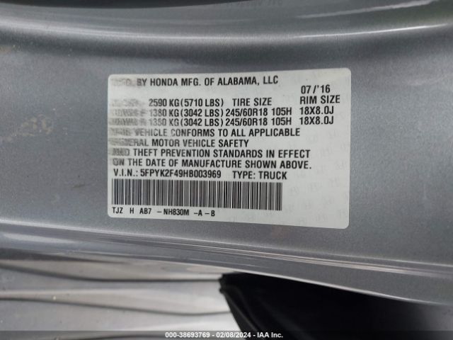 5FPYK2F49HB003969 Honda Ridgeline Rts
