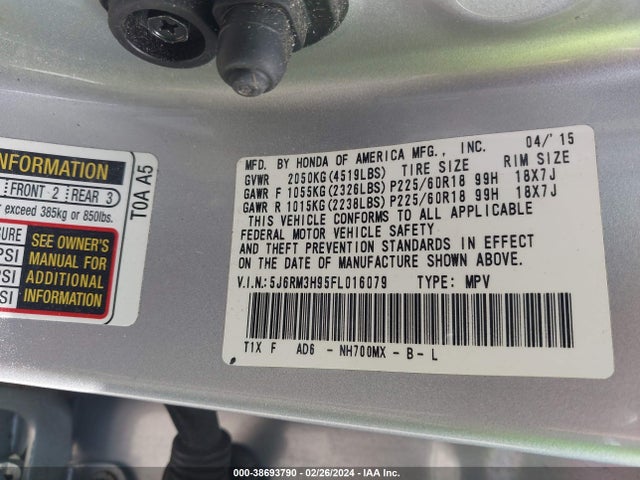 Honda Cr-v Touring 2015 5J6RM3H95FL016079 Image 9