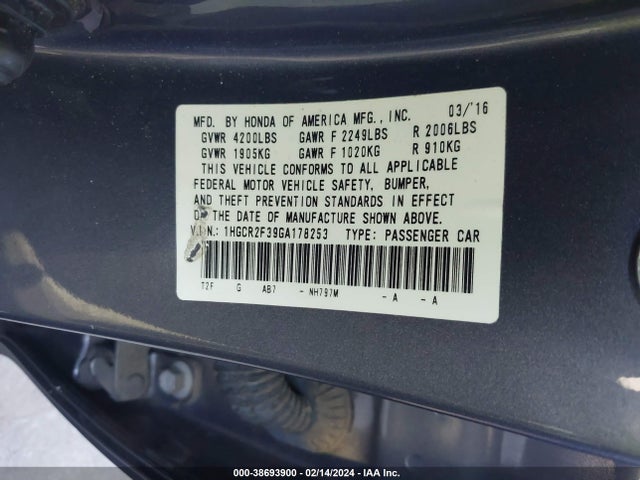 Honda ACCORD LX 2016 1HGCR2F39GA178253 Image 9