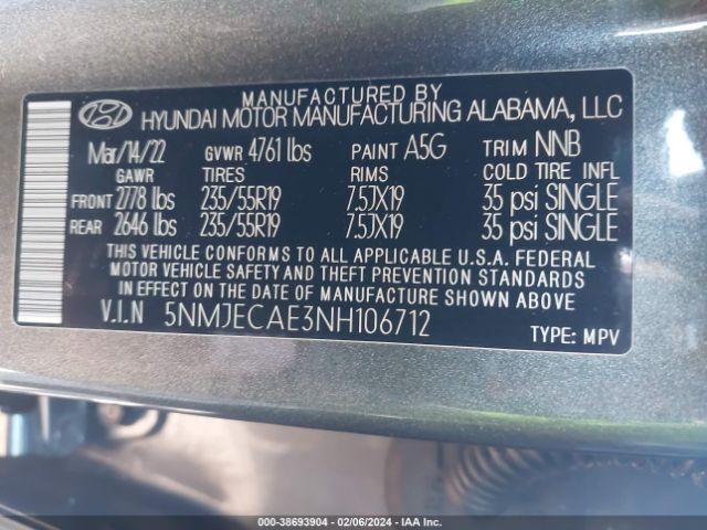 5NMJECAE3NH106712 Hyundai Tucson Limited