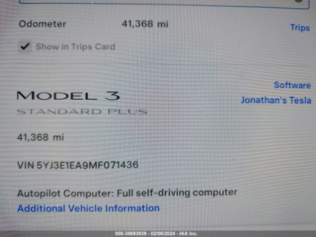 5YJ3E1EA9MF071436 Tesla Model 3 Standard Range Plus Rear-wheel Drive