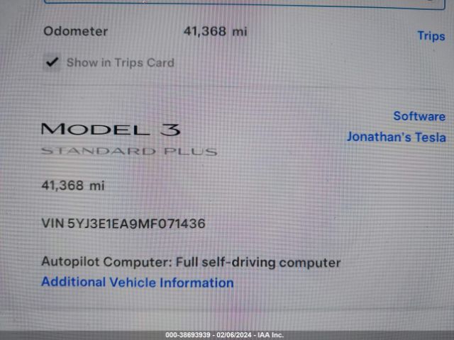5YJ3E1EA9MF071436 Tesla Model 3 Standard Range Plus Rear-wheel Drive