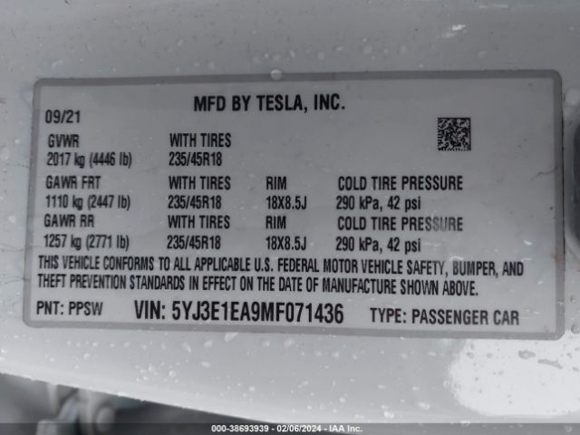 5YJ3E1EA9MF071436 Tesla Model 3 Standard Range Plus Rear-wheel Drive