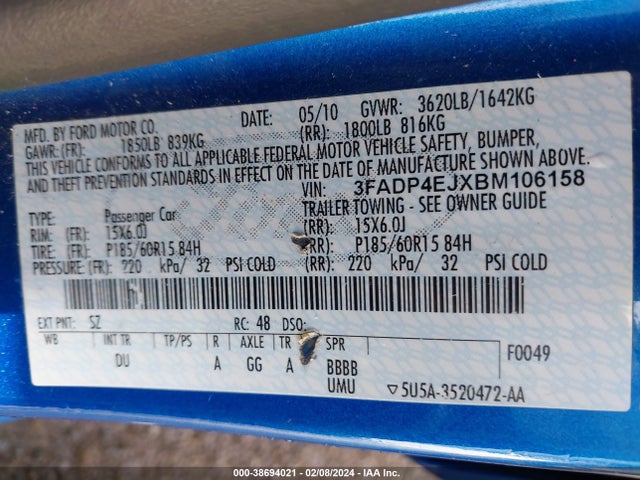 2011 FORD FIESTA SE VIN: 3FADP4EJXBM106158