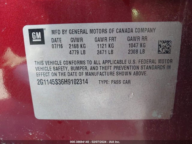 Chevrolet IMPALA 2LZ 2017 2G1145S36H9102314 Image 9