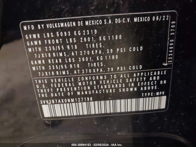 3VV2B7AX0NM127196 Volkswagen Tiguan 2.0t Se