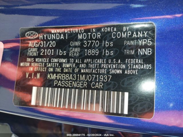 KMHRB8A31MU071937 Hyundai Venue Se