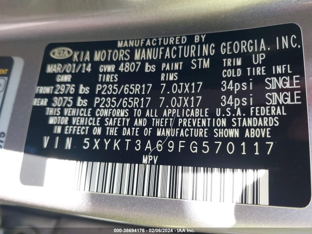 KIA SORENTO LX 2015 5XYKT3A69FG570117 Image 9