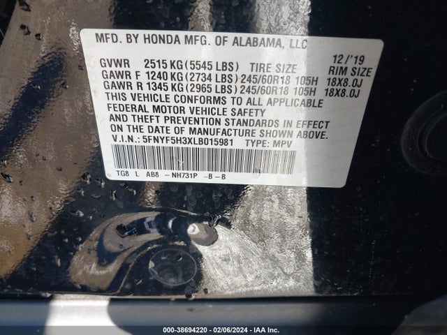 Honda Pilot 2wd Ex 2020 5FNYF5H3XLB015981 Image 9