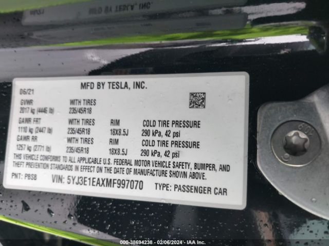 5YJ3E1EAXMF997070 Tesla Model 3 Standard Range Plus Rear-wheel Drive