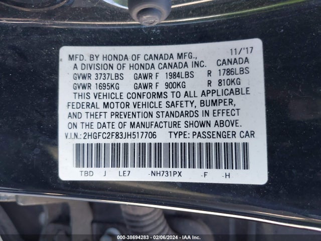 Honda CIVIC EX 2018 2HGFC2F83JH517706 Image 9
