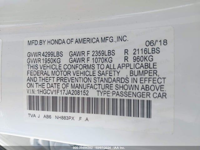 Honda ACCORD LX 2018 1HGCV1F17JA208152 Image 9