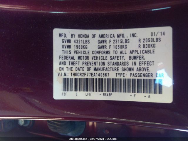 1HGCR2F77EA140567 Honda ACCORD EX