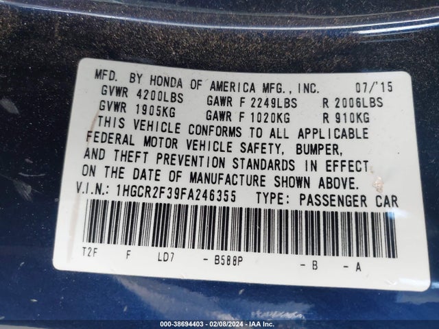 Honda ACCORD LX 2015 1HGCR2F39FA246355 Image 9