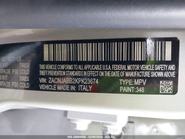 2019 JEEP RENEGADE ALTITUDE FWD VIN: ZACNJABB2KPK23674