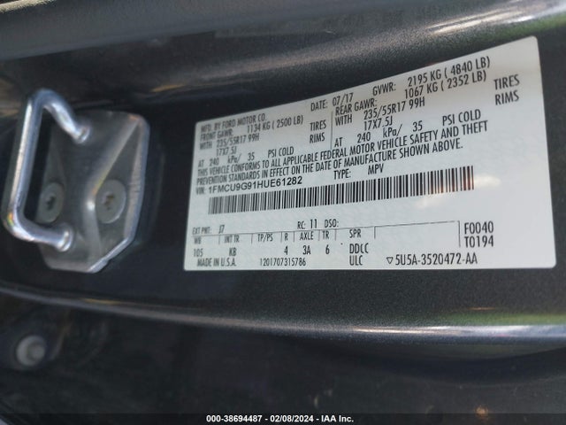Ford ESCAPE SE 2017 1FMCU9G91HUE61282 Image 9